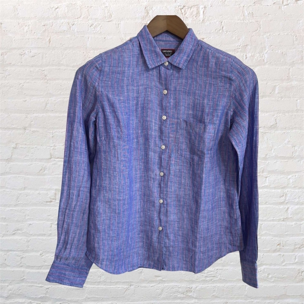 UNTUCKit Shirt Womens 2 vibrant Blue Striped 100% Linen long Sleeve Lightweight